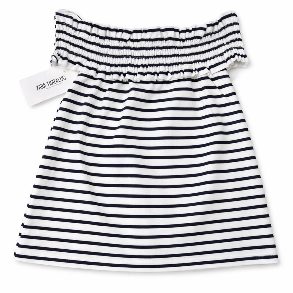 Zara Off Shoulder Striped Top Navy White Size L NWT Coastal Summer Stretch